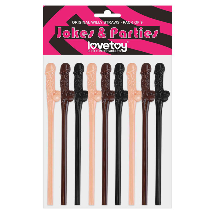 Lovetoy Pack Of 9 Willy Straws Black Brown And Pink - Image 1