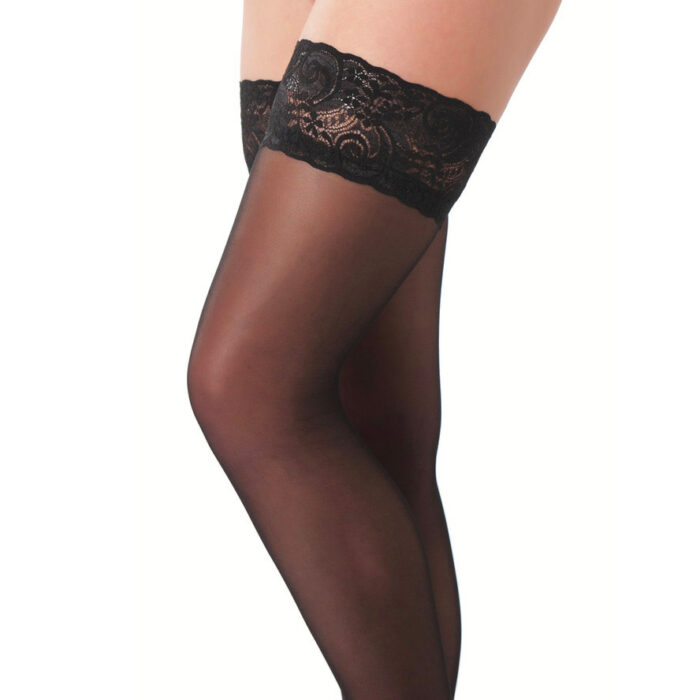 Black HoldUp Stockings With Floral Lace Top - Image 1